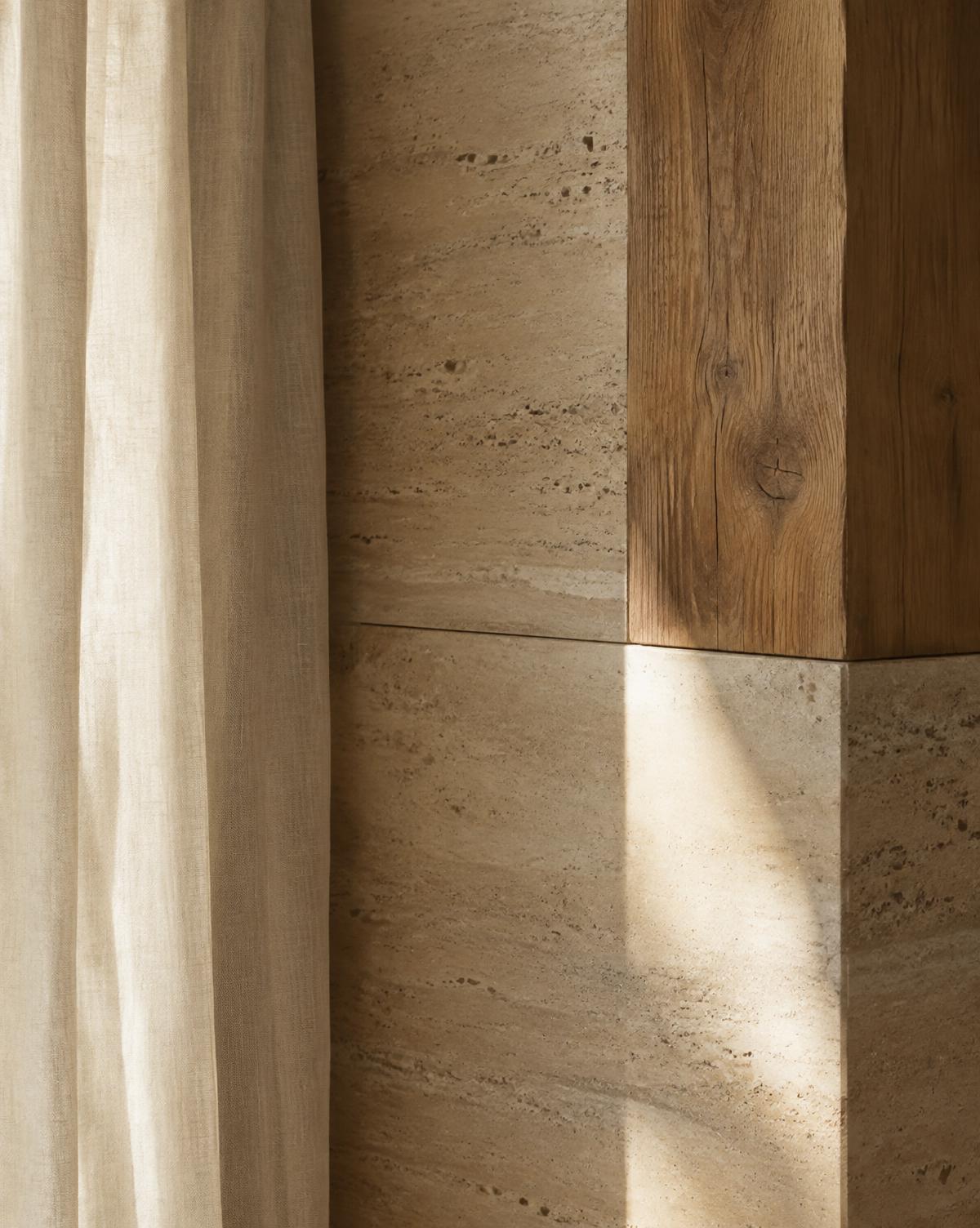 Travertine wall, oak beam and linen curtain in soft daylight